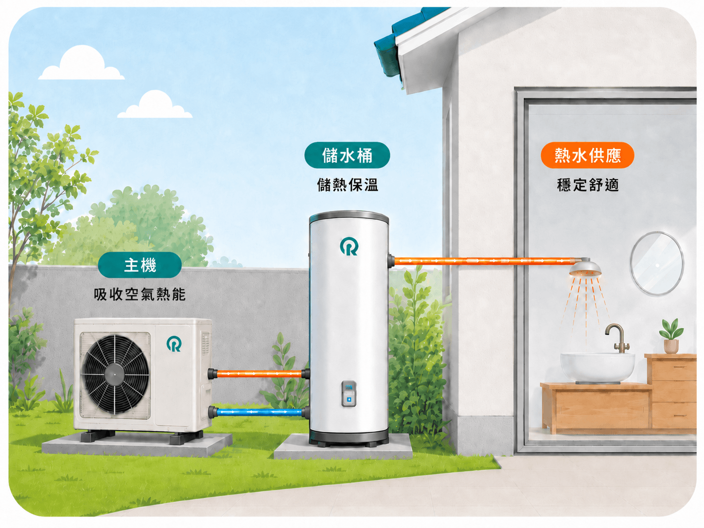 熱泵熱水器分離式設計示意圖 — 主機與儲水桶分開安裝，彈性配置不受空間限制
